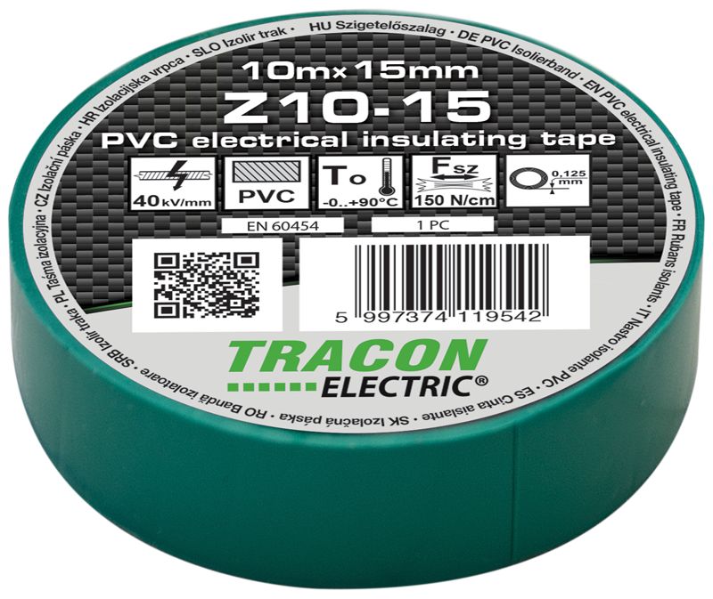 Tracon Z10-15 Szigetelőszalag,zöld 10m×15mm,PVC,0-90°C,40kV/mm