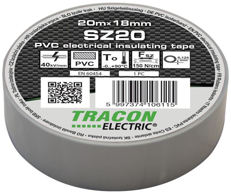 Tracon SZ20 Szigetelőszalag,szürke 20m×18mm,PVC,0-90°C,40kV/mm