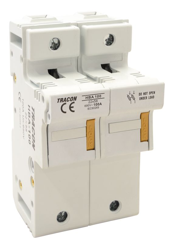 Tracon HBA-2P-100 Szakaszolókapcsoló-biztosítóhengeres bizt.hoz,maszkolható 100A; 22x58mm; Un=230V/400V