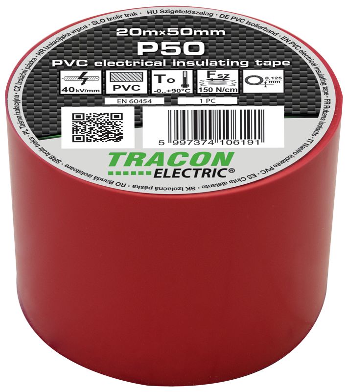 Tracon P50 Szigetelőszalag,piros 20m×50mm,PVC,0-90°C,40kV/mm