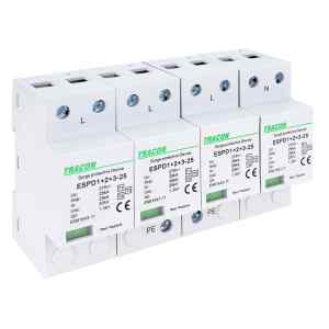 Tracon ESPD1+2+3-25-4P T1+T2+T3 AC típusú túlfeszültség levezető,egybeépített Uc:275V; Iimp:25kA; In:25kA; Uoc:20kV; Up:1,3kV; 4P