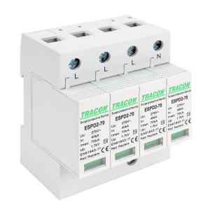 Tracon ESPD2-70-4P T2 AC típusú túlfeszültség levezető,cserélhető betéttel Uc:275V; In:40kA; Imax:70kA; Up:1,7kV; 4P
