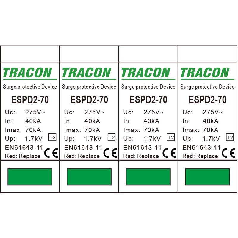 Tracon ESPD2-70-4P T2 AC típusú túlfeszültség levezető,cserélhető betéttel Uc:275V; In:40kA; Imax:70kA; Up:1,7kV; 4P - Image 3