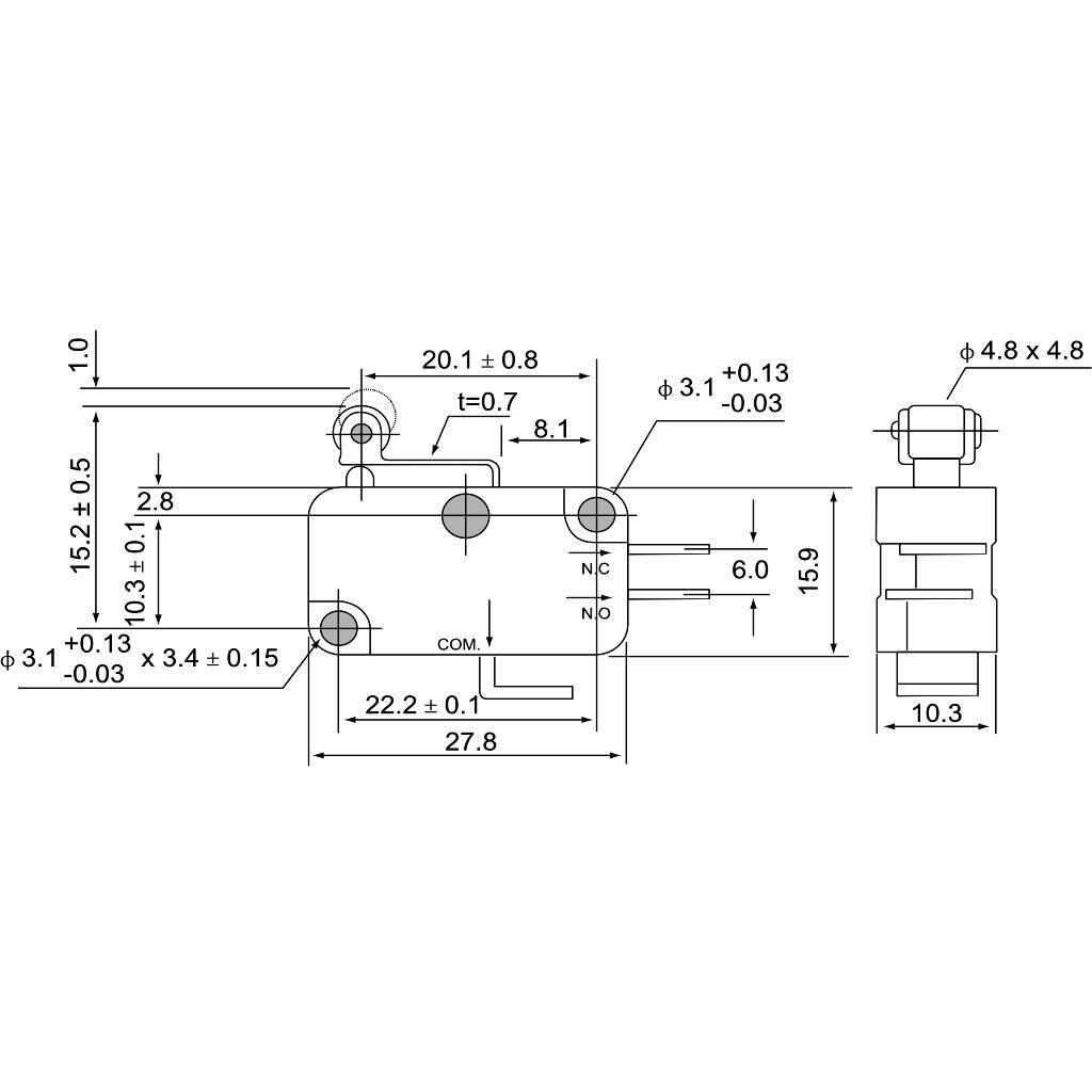 Tracon KW3-45 Helyzetkapcsoló,mikro,karos-görgős 1×CO 10A/230VAC,0,3A/250VDC,15mm,4,8x0,5 mm,IP00 - Image 2