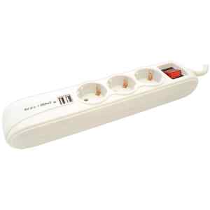 TRACON HK3-USB Hordozható elosztósáv kapcsolóval fehér, 2×USB port 3×SCHUKO,16A/250VAC,3680W, 1,4m, 3×1,5mm2, H05VV-F, USB:2.1A