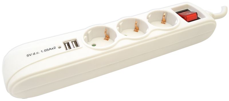 TRACON HK3-USB Hordozható elosztósáv kapcsolóval fehér, 2×USB port 3×SCHUKO,16A/250VAC,3680W, 1,4m, 3×1,5mm2, H05VV-F, USB:2.1A