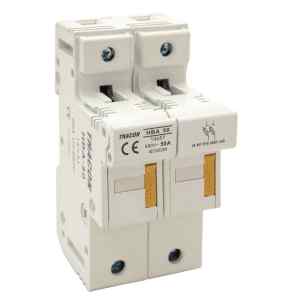 Tracon HBA-2P-50 Szakaszolókapcsoló-biztosítóhengeres bizt.hoz,maszkolható 50A,14x51mm; Un=230V/400V