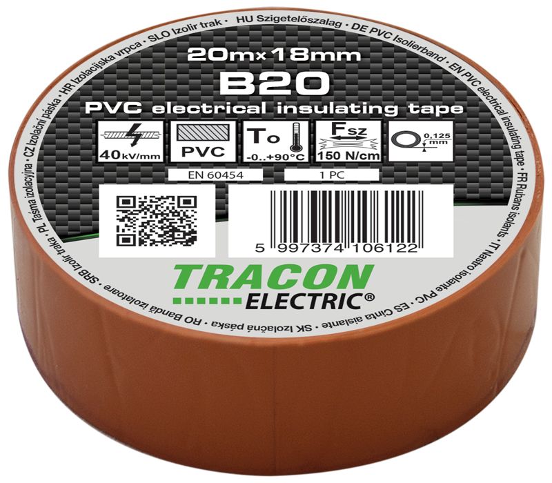 Tracon B20 Szigetelőszalag,barna 20m×18mm,PVC,0-90°C,40kV/mm