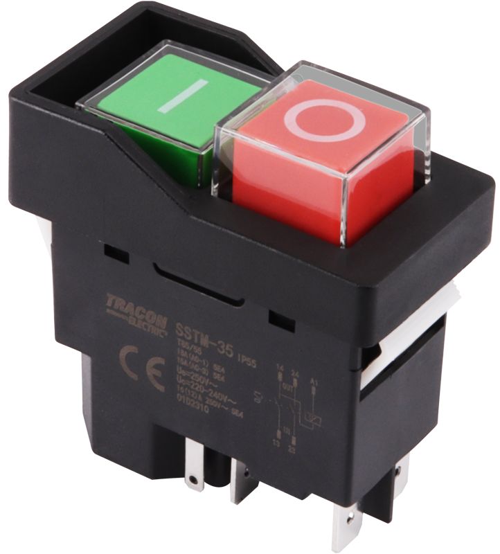 Tracon SSTM-035 Relés biztonsági kapcsoló,bepattintható,fekete kerettel 5PIN,230 VAC,12A/AC3,IP54,6,3×0,8