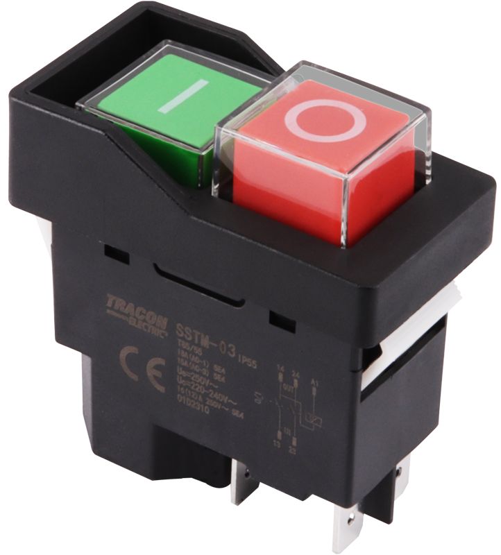 Tracon SSTM-03 Relés biztonsági kapcsoló,bepattintható,fekete kerettel 4PIN,230VAC,12A/AC3,IP54,6,3×0,8