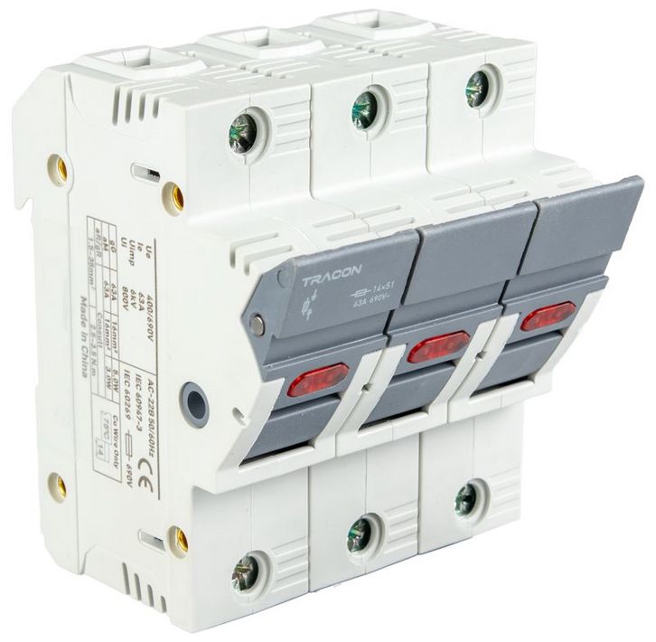 Tracon CFBL3P50 Szakaszolókapcsoló-biztosító hengeres bizt.hoz,maszkolható 50A,14x51mm,Un=400V/690V,AC22B,3P,LED