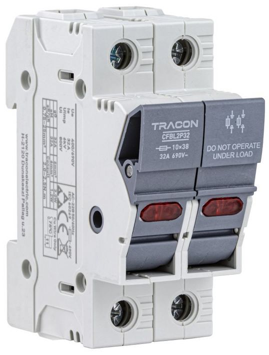 Tracon CFBL2P32 Szakaszolókapcsoló-biztosító hengeres bizt.hoz,maszkolható 32A,10x38mm,Un=400V/690V,AC22B,2P,LED