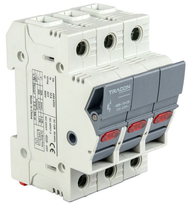 Tracon CFBL3P32 Szakaszolókapcsoló-biztosító hengeres bizt.hoz,maszkolható 32A,10x38mm,Un=400V/690V,AC22B,3P,LED - Image 2