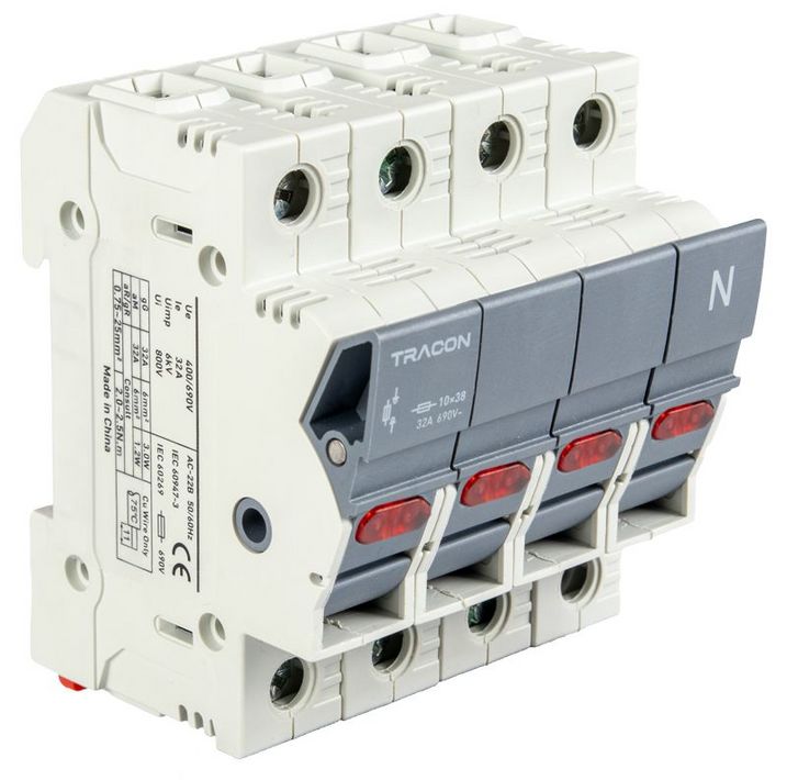 Tracon CFBL3P+N50 Szakaszolókapcsoló-biztosító hengeres bizt.hoz,maszkolható 50A,14x51mm,Un=400V/690V,3P+N right,LED - Image 2