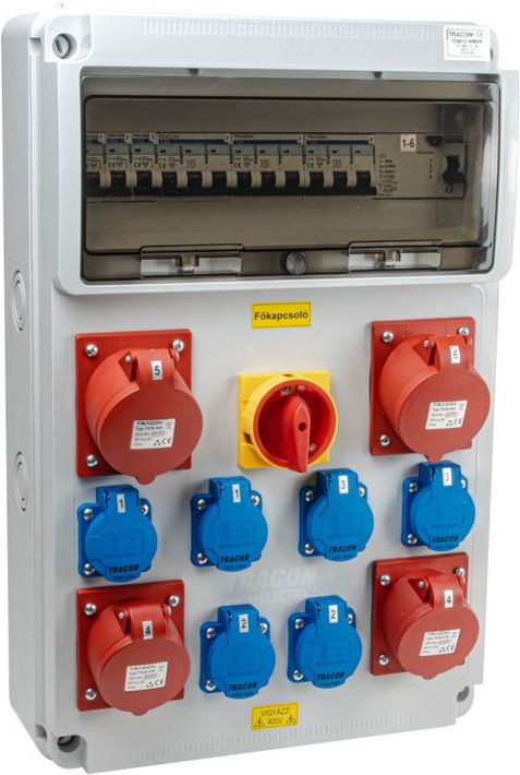 Tracon TDB13-16MVK Csatlakozó doboz védelemmel,főkapcs.,vezetékezett,készre sz. Prot.:RCCB,MCB,Out:6×SCHUKO+2×16A+2×32A