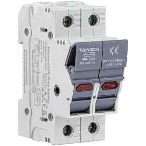 Tracon CFBLPV2P32 Szakaszolókapcsoló-biztosító hengeres bizt.hoz,PV 32A,10×38,Un=1000VDC,Ui=6kV,20kA,DC-PV0,IP20,2P,LED