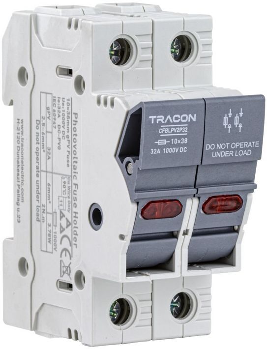 Tracon CFBLPV2P32 Szakaszolókapcsoló-biztosító hengeres bizt.hoz,PV 32A,10×38,Un=1000VDC,Ui=6kV,20kA,DC-PV0,IP20,2P,LED - Image 2