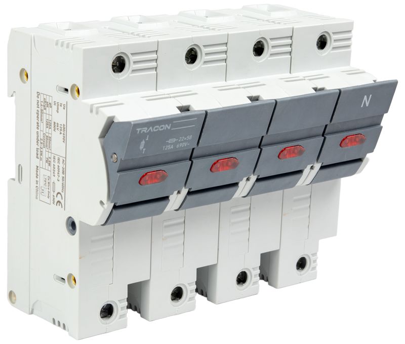 Tracon CFBL3P+N100 Szakaszolókapcsoló-biztosító hengeres bizt.hoz,maszkolható 100A,22x58mm,Un=400V/690V,3P+N right,LED