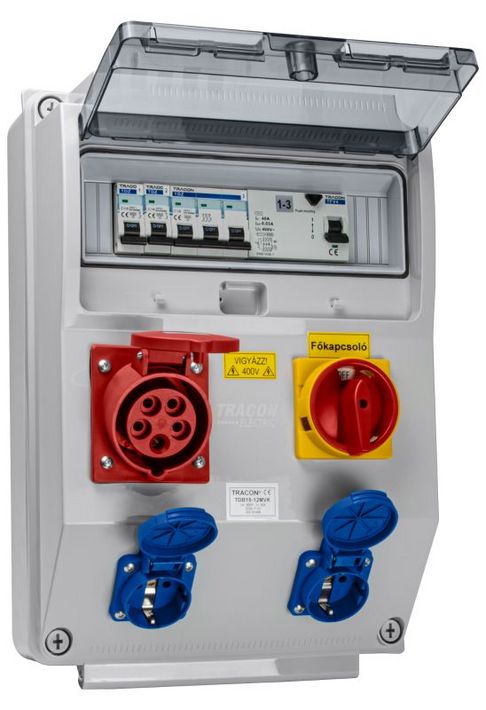 Tracon TDB15-12MVK Csatlakozó doboz védelemmel,főkapcs.,vezetékezett,készre sz. Prot.:RCCB,MCB,Out:2×SCHUKO+1×16A