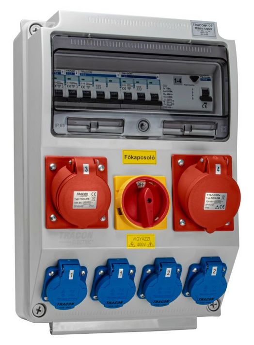 Tracon TDB03-12MVK Csatlakozó doboz védelemmel,főkapcs.,vezetékezett,készre sz. Prot.:RCCB,MCB,Out:4×SCHUKO+2×16A+1×32A
