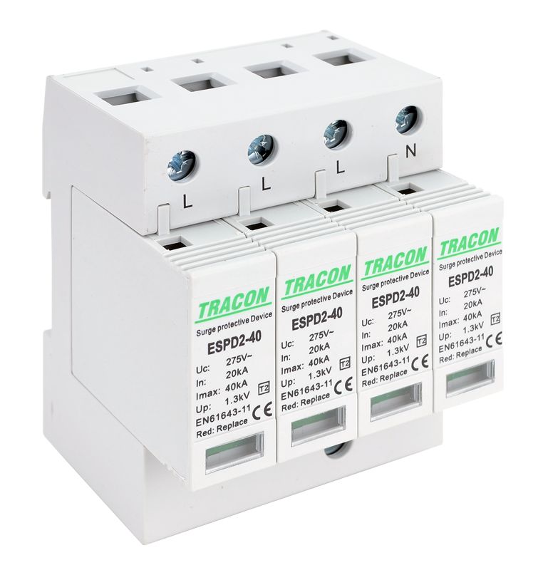 Tracon ESPD2-40-4P T2 AC típusú túlfeszültség levezető,cserélhető betéttel Uc:275V; In:20kA; Imax:40kA; Up:1,3kV; 4P