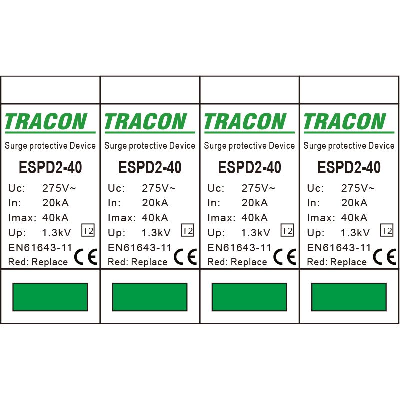 Tracon ESPD2-40-4P T2 AC típusú túlfeszültség levezető,cserélhető betéttel Uc:275V; In:20kA; Imax:40kA; Up:1,3kV; 4P - Image 3