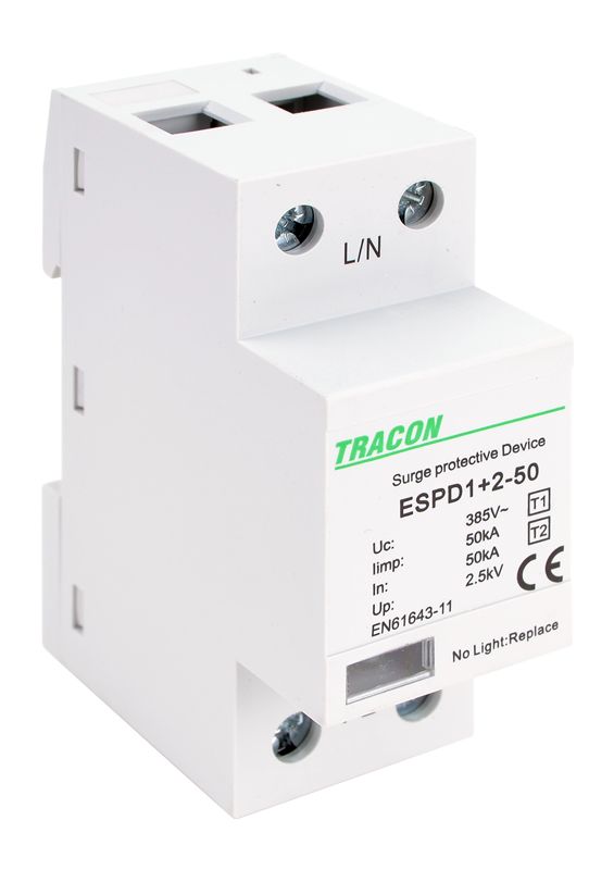 Tracon ESPD1+2-50-1P T1+T2 AC típusú túlfeszültséglevezető,egybeépített Uc:385V; Iimp:50kA; In:50kA; Imax:160kA; Up:2,5kV; 1P