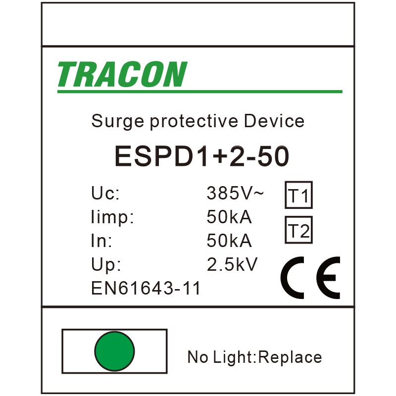 Tracon ESPD1+2-50-1P T1+T2 AC típusú túlfeszültséglevezető,egybeépített Uc:385V; Iimp:50kA; In:50kA; Imax:160kA; Up:2,5kV; 1P - Image 2