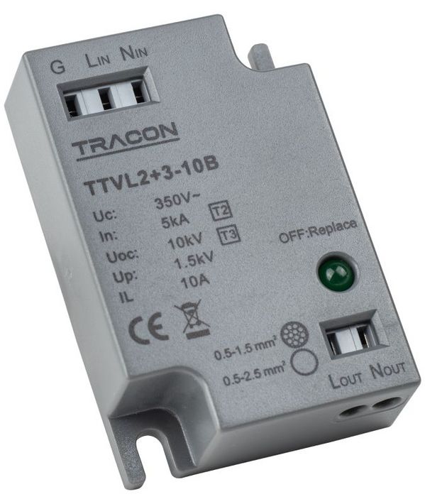 Tracon TTVL2+3-10B Túlfeszültség levezető LED lámpához Un=230-275VAC, 5/10kA, Up=1,5kV, IP20