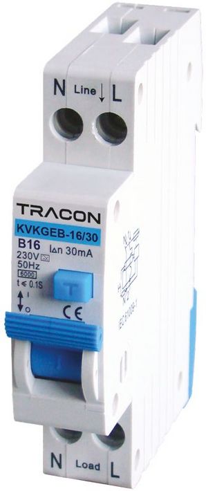 Tracon KVKGEB-25/100 Kombinált védőkapcsoló, elektronikus, 2P, 1 modul, B kar. B25, 100mA, 6kA, A, E3
