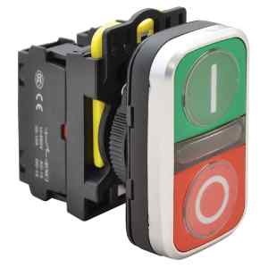 Tracon NYG3-DL1 Kettős világító BE-KI nyomógomb,I-O,zöld+piros 1×NO+1×NC,5A/230V AC-15,IP65,LED 230V AC/DC