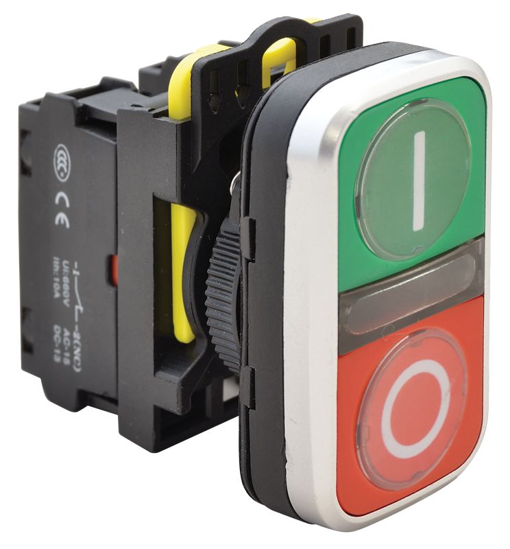 Tracon NYG3-DL1 Kettős világító BE-KI nyomógomb,I-O,zöld+piros 1×NO+1×NC,5A/230V AC-15,IP65,LED 230V AC/DC