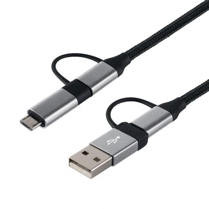Home USB MULTI 4in1 töltőkábel, USB-C, microUSB, USB-A, QC, PD, szőtt nejlon, 480 Mbps, 60Wmax, 1,5m vezeték