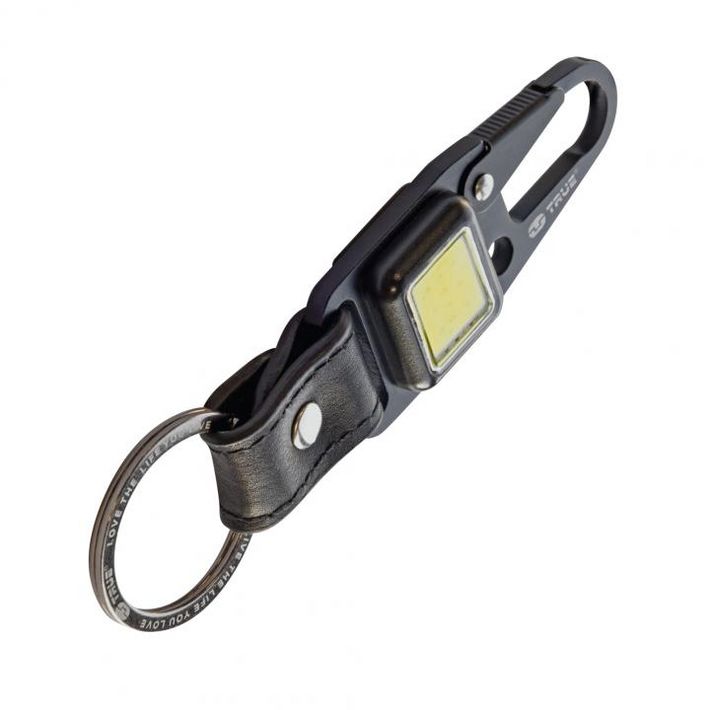 True Utility Cliplite, TU918, kulcstartó karabiner, tölthető lámpa, 4 funkció, 47 lm COB LED, Li-ion, marhabőr szíj, rozsdamentes acélváz