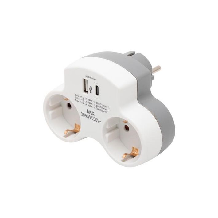 Home TPF2USBC USBC hálózati töltő, 2.1A, max. 3680 W, 2 db földelt hálózati aljzat gyermekvédő zsaluval