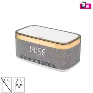 Home LTCR06 multimédia lejátszó és ébresztőóra, 2x5 Watt, Qi telefontöltés, Bluetooth TWS, FM rádió, LED kijelző, beépített akkumulátor