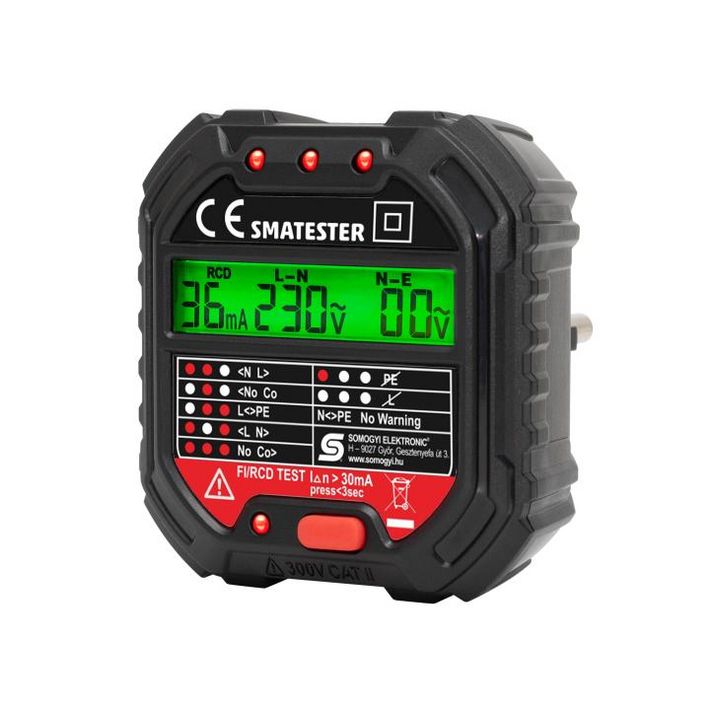 Home SMATESTER konnektor teszter, LED visszajelzők, Voltmérő, L-N, N-E, RCD mA, Fi és RCD relé ellenőrző, elem nélkül működik, max. 250 V~ aljzatokhoz - Image 2