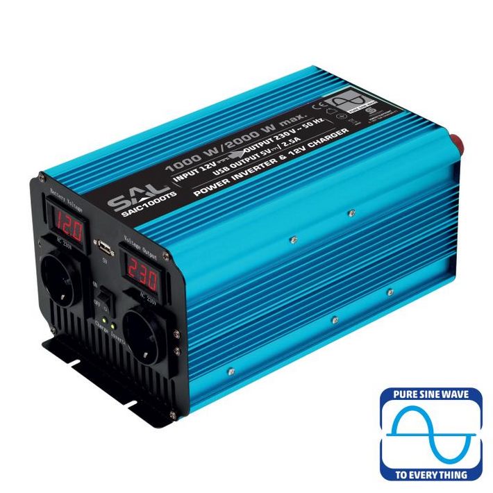 SAL SAIC1000TS feszültségátalakító, ~1000 W névleges telj., tiszta szinuszos, 2 védőérintkezős aljzat, szünetmentes tápegység, USB, visszajelző LED, lágyindítás - Image 2