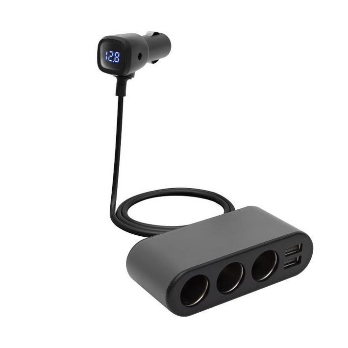 SAL SAU80W autós feszültségelosztó és USB töltő, 3.4A USB töltő, max.80Watt, fém burkolat, Voltmérő, autó-akkumulátor állapotának ellenőrzése, 12/24V járművekhe