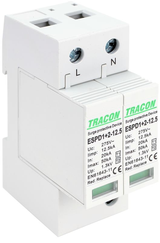 Tracon ESPD1+2-12.5-2P T1+T2 AC típusú túlfeszültséglevezető,cserélhető betéttel Uc:275V; Iimp:12,5kA; In:20kA; Imax:50kA; Up:1,3kV; 2P