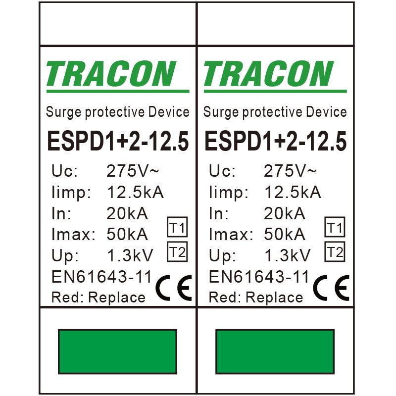 Tracon ESPD1+2-12.5-2P T1+T2 AC típusú túlfeszültséglevezető,cserélhető betéttel Uc:275V; Iimp:12,5kA; In:20kA; Imax:50kA; Up:1,3kV; 2P - Image 3