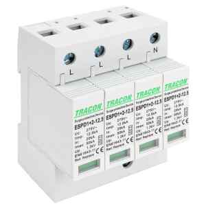 Tracon ESPD1+2-12.5-4P T1+T2 AC típusú túlfeszültséglevezető,cserélhető betéttel Uc:275V; Iimp:12,5kA; In:20kA; Imax:50kA; Up:1,3kV; 4P