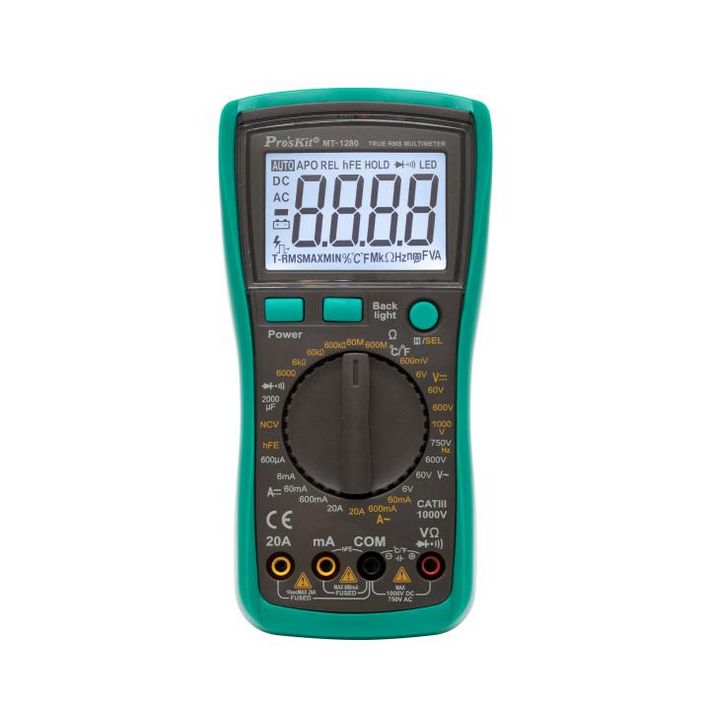Pro’skit MT-1280 professzionális multiméter, AC/DC áram, feszültség, ellenállás, frekvencia, kapacitás, hőmérséklet, dióda, tranzisztor mérése