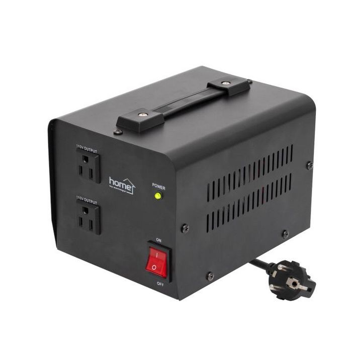 Home VTF1000VA feszültségátalakító, max.1000VA, 230V/110V transzformátor, dupla 110V kimeneti aljzat két készülékhez, hordozható