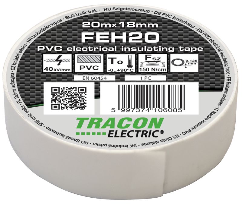 Tracon FEH20 Szigetelőszalag,fehér 20m×18mm,PVC,0-90°C,40kV/mm