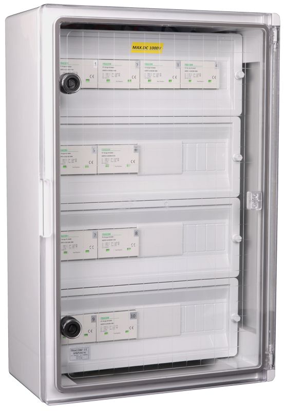 Tracon SPBPVDC10 Túlfeszültség-védelmi doboz fotovoltaikus rendszerekhez Ucpv: 1200V; Iimp:12,5kA; In:20kA; Imax:50kA; Up:4kV