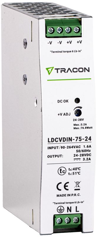 Tracon LDCVDIN-75-24 DIN sínre szerelhető tápegységszabályozható DC kimenettel 90-264VAC,1,6A/DC24V,3,2A/75W
