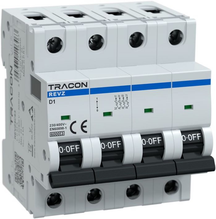 Tracon REVZ4D1 Kismegszakító, 4 pólus, D karakterisztika, 1A, D, 4P, 6kA