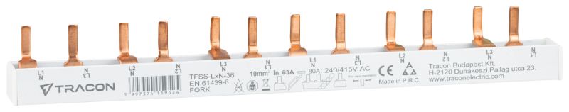 Tracon TFSS-LXN-36 Soroló sín, csapos kivitelű, max.63A, 230/400VAC, 4P, 36mod, 640mm, L1-N,L2-N,L3-N