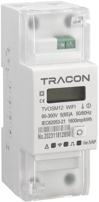 Tracon TVOSM12 Egyfázisú okos fogyasztásmérő, közvetlen, 2 modul, ad-vesz, 230 VAC / 5(65) A, Pd=2 W, WIFI